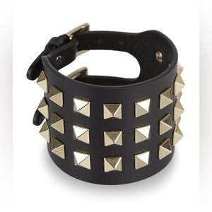VALENTINO Rockstud Leather Wide Cuff Bracelet in Black Gold